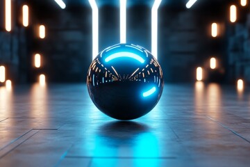 Poster - A glowing blue sphere floating in a dark, futuristic room with neon grids and holographic displays