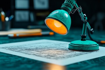 Poster - A hyper-realistic close-up of a blueprint intricate details, showing the fine texture of the paper and precise inked lines under a desk lamp