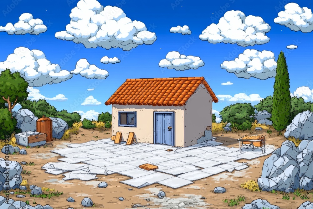 A pixel art depiction of a blueprint for a small house, with animated ...