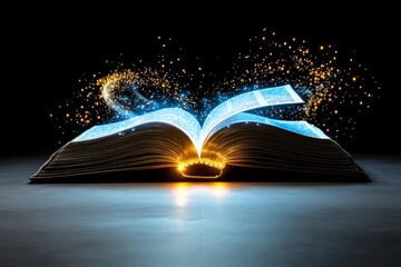 Poster - A pixel art depiction of an open book with animated glowing pages, surrounded by tiny flickering stars