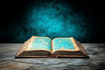 Poster - A simple flat design of an old book lying open, its pages filled with colorful doodles and faded illustrations