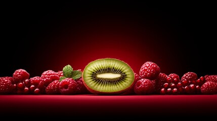  a kiwi and raspberries on a red background, creating a vibrant and colorful display The resolution of the image is 1920x1200, making it perfect for use as a wallpa