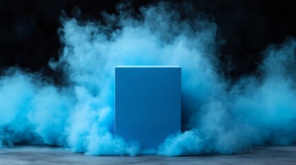Wall Mural -  a blue box in the middle of a dark room, surrounded by a cloud of smoke The box is a bright blue color, standing out against the dark background