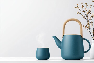 Poster - A stylish blue ceramic tea set displayed on a minimalist white table, with steam rising from the teapot