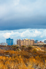 Wall Mural - dark blue cloud over city park illuminated by sun