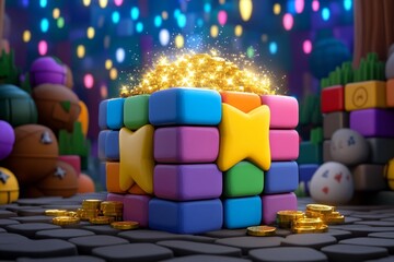 Poster - A vibrant pixel art box with animated sparkles around it, set on a colorful pixelated background of treasure and gold coins