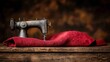 © Albert - an old sewing machine sitting atop a wooden table, with a red cloth draped over it The background is slightly blurred, giving the image a dreamy feel