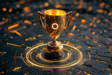Fototapete - Goals achievement concept featuring a glowing trophy and target symbol surrounded by futuristic digital elements, set against a sleek gradient background