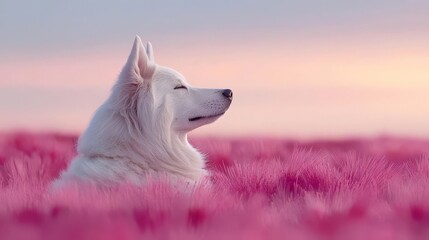 Wall Mural -  a white dog sitting in a field of pink flowers, with a beautiful sky in the background