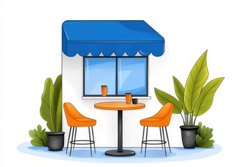 Aufkleber - A 2D flat illustration of a blueprint showing the design of a small cafÃ©, with annotations and clean lines on a white background