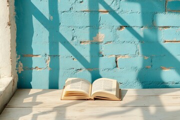 Poster - A close-up of an open book resting on a wooden table, with sunlight streaming through a nearby window