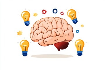 Aufkleber - A colorful 2D flat illustration of a brain surrounded by glowing icons like lightbulbs and gears on a white background