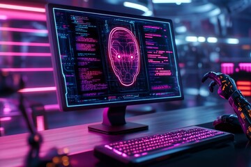 Fototapete - A cyberpunk-inspired blackboard glowing with neon chalk illustrations, set in a futuristic classroom with holographic tools