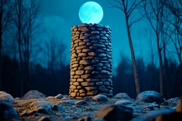 Poster - A dark and moody scene of a blue moon casting light on an ancient stone tower in a gothic setting