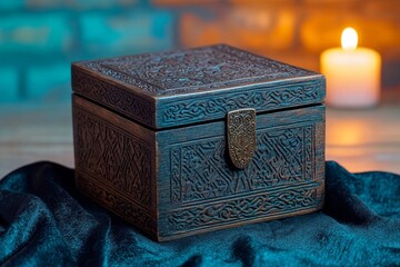 Poster - A dark wooden box with intricate gothic carvings, sitting on a velvet cloth in a candlelit room, with faint shadows dancing on the walls
