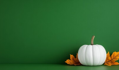 Wall Mural - Decorative podium featuring a white pumpkin and autumn leaf on a green table; colors: white, green 