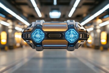Aufkleber - A futuristic metallic box with glowing blue edges and intricate holographic symbols hovering above it, set in a high-tech environment