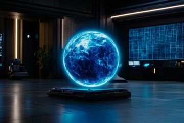 Poster - A glowing blue sphere floating in a dark, futuristic room with neon grids and holographic displays