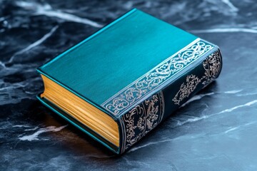 Poster - A gothic old book with blackened pages and intricate silver engravings, resting on a dark marble table surrounded by shadows