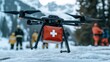© ECLIVN - A high-tech drone equipped with a medical supply package flies over a snowy landscape where rescue teams are preparing for an operation.
