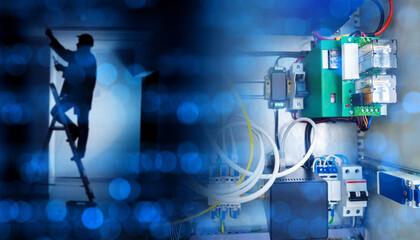 Poster - electrical equipment repair. electrical circuit breakers in power panel. silhouette electrician stan