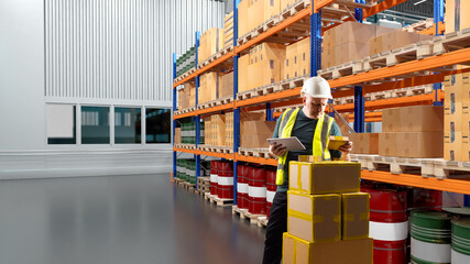Poster - Man works in warehouse. Guy is employee of distribution center. Man with electronic tablet at retail warehouse. Supervisor keeps track of parcels. Manager stands inside hangar with warehouse racks