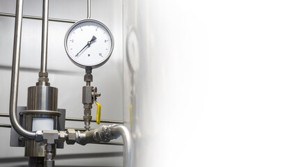 Poster - gas boiler equipment. thin steel tubes with pressure meter. fragment of boiler equipment. gas heatin