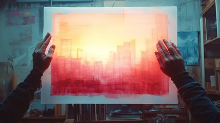 Poster - A pair of hands holding a watercolor painting of a city skyline with a red and orange sunset in the background.