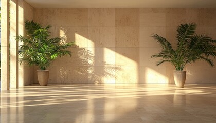 Wall Mural - Empty room with large windows and two potted plants, sunlight streaming through the windows.