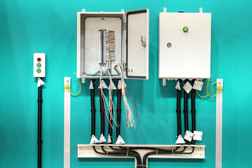 Poster - power panels on wall. high voltage electrical equipment. control cabinets with wires and buttons. in