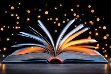 Poster - A pixel art depiction of an open book with animated glowing pages, surrounded by tiny flickering stars