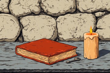 Poster - A pixel art rendition of an old book with animated glowing pages and a small key resting beside it, evoking a retro RPG vibe