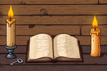Poster - A pixel art rendition of an old book with animated glowing pages and a small key resting beside it, evoking a retro RPG vibe