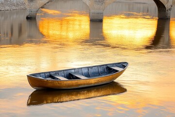 Poster - A rowboat passing under a bridge at sunset, with the golden light creating a peaceful ambiance