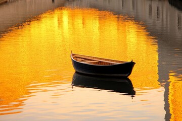 Poster - A rowboat passing under a bridge at sunset, with the golden light creating a peaceful ambiance