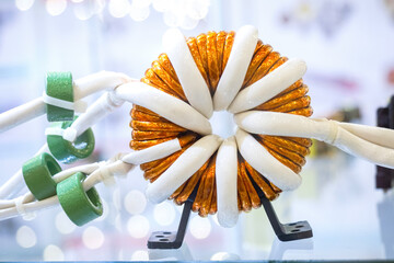 Poster - pulse transformer close-up. electrical equipment. copper coil with wires from pulse transformer. mec