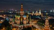 Aerial view of Moscow’s landmarks transitioning from evening to night.