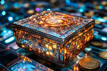 Poster - A vibrant pixel art box with animated sparkles around it, set on a colorful pixelated background of treasure and gold coins