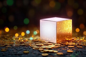 Poster - A vibrant pixel art box with animated sparkles around it, set on a colorful pixelated background of treasure and gold coins