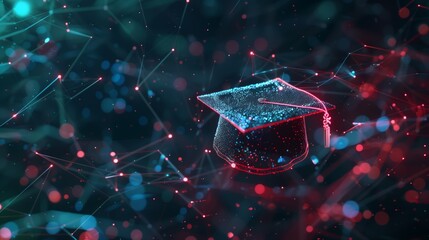 A digital graduation cap floating above an array of interconnected nodes, symbolizing the technology and global reach that power knowledge sharing in education Generative AI