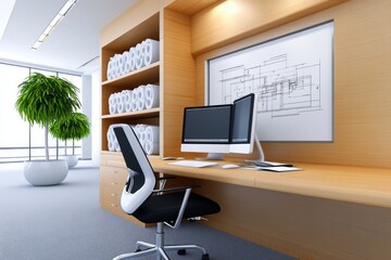 Poster - A well-lit modern office with blueprint rolls neatly stacked on shelves and a computer displaying CAD designs