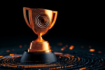 Aufkleber - Business accomplishment visualization with a golden trophy and target icon, surrounded by dynamic tech-inspired lines and a modern digital backdrop