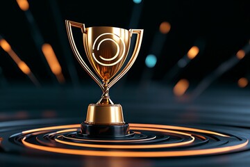 Aufkleber - Business accomplishment visualization with a golden trophy and target icon, surrounded by dynamic tech-inspired lines and a modern digital backdrop