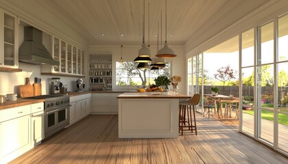 Wall Mural - Modern kitchen with large windows leading to a patio with garden view.