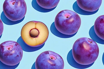 Wall Mural - A selection of plums arranged on a blue surface, perfect for food or fruit photography