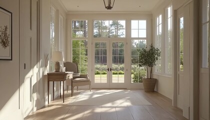 Wall Mural - Sunlit entryway with French doors opening to a garden.