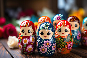 Colorful Russian nesting dolls with floral patterns on a wooden surface