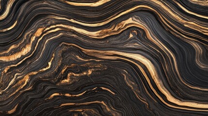 Wall Mural - Abstract black and gold marble texture with flowing lines and swirls.