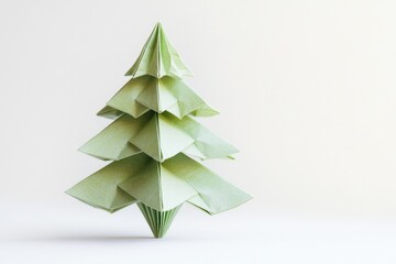 Wall Mural - A delicate green origami Christmas tree on a white background, ideal for holiday decorations or illustrations