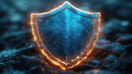 Wall Mural - A glowing blue shield icon with fiery edges, symbolizing protection and security.